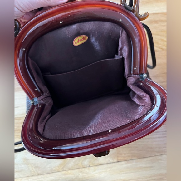 Andé Mid Century Chocolate Leather and Tortoiseshell Bakelite Purse Vintage